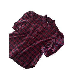 Gap Puff Sleeve Blouse XS Top Red Blue Plaid church wedding button up shirt